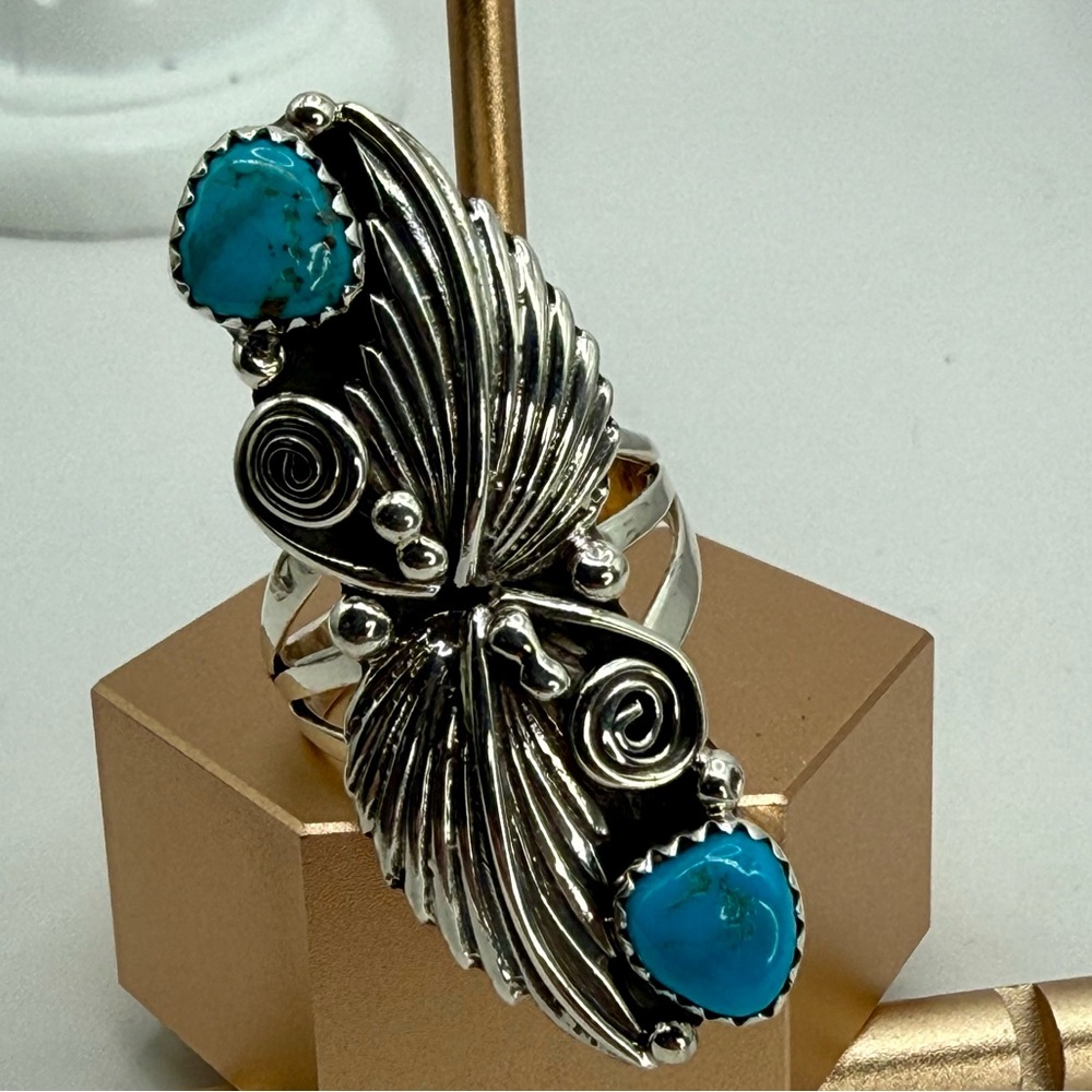 Vintage Native American Navajo Harris Largo Sterling Silver Ring with Turquoise - Picture 15 of 16